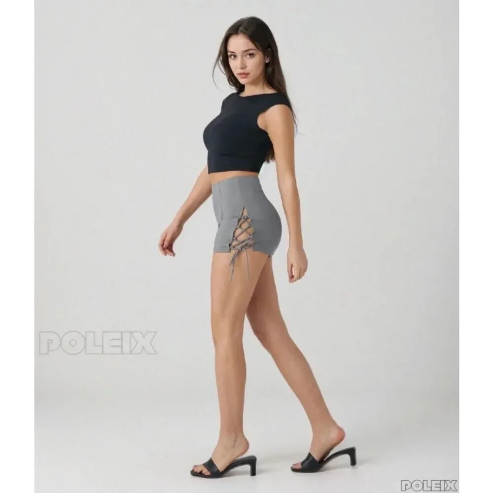 Halara Gray Lace Up High Waisted Shorts Side Tie Stretch Size L NWT